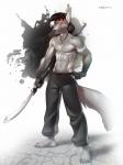 abs accessory anthro athletic bandage barefoot biceps biped black_hair bottomwear claws clothed clothing feet fur glaive grey_body grey_fur grey_nose guan_dao hair headband jewelry kerchief male melee_weapon muscular muscular_anthro necklace nipples pants pecs polearm pose simple_background solo staff standing tail toe_claws topless weapon miles_df canid canine canis mammal wolf 2014 3:4 hi_res