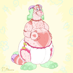 abdl anthro balls belly big_belly big_diaper big_tail clean_diaper constellation diaper diaper_tape feet flower_symbol genitals green_diaper green_ears green_feet hand_on_belly heart_symbol leaf_symbol looking_at_viewer male markings moon_symbol pink_body pink_diaper pink_paws purple_balls purple_diaper simple_background solo star_symbol tail white_diaper yellow_background monocerus pad_(monocerus) animate_inanimate diaper_creature 1:1 absurd_res hi_res