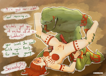 anthro bodypaint breasts dirty_talk dominant dominant_anthro dominant_male duo female female_human genitals green_body hair human_on_anthro interspecies interspecies_domination interspecies_romance male male/female markings muscular muscular_anthro muscular_male musk penis red_hair sharp_teeth spread_legs spreading tail teeth text tribal tribal_markings vulva ironmeatus alligator alligatorid crocodilian human mammal reptile scalie english_text hi_res