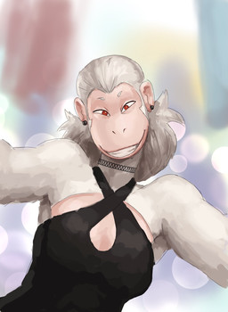 anthro choker clothed clothing dress ear_piercing female fur jewelry looking_at_viewer necklace piercing red_eyes simple_background smile solo toothy_grin white_body white_fur redustheriotact lucy_(davestoons) haplorhine mammal monkey primate 2024 hi_res