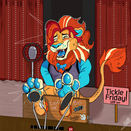 anthro blue_bow_tie blue_inner_ear blue_nose blue_pawpads blue_tongue bow_tie clothed clothed_anthro clothed_male clothing electronics eyes_closed fangs feet fur hands_behind_back laugh legwear male mane microphone motion_lines multicolored_mane open_mouth open_smile orange_mane orange_tail_tuft pawpads paws red_mane sign sitting smile solo stage stage_curtains stockings tail tail_tuft teeth tickle_fetish tickle_torture tickling tickling_feet tickling_machine toe_restraints tongue tuft whiskers white_body white_fur white_mane yellow_body yellow_fur leon_tickles indigo_park lloydford_l._lion felid lion mammal pantherine 1:1