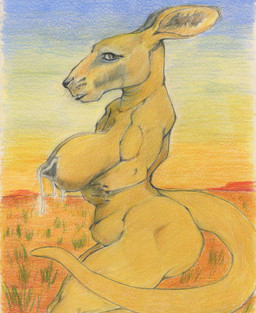 anthro arm_under_breasts australia australian_outback biceps big_breasts bodily_fluids breasts crouching female holding_breast lactating looking_at_viewer milk nipples nude side_view solo horse420 kangaroo macropod mammal marsupial absurd_res hi_res traditional_media_(artwork)