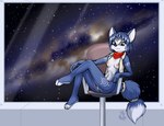 anthro blue_body blue_fur blue_hair bottomless breasts clothed clothing cosmic_background female fur genitals hair looking_at_viewer mostly_nude navel nipples partially_clothed pussy scarf sitting small_breasts smile solo space tail topwear vest white_body white_fur mancoin nintendo star_fox krystal_(star_fox) canid canine fox mammal digital_media_(artwork) hi_res signature