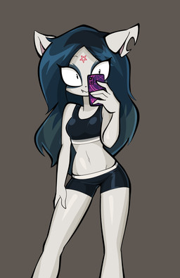 anthro blue_hair electronics female fur grey_background hair holding_object holding_phone looking_at_viewer occult_symbol pentagram phone simple_background slim snaggle_tooth solo sportswear symbol white_body white_fur jek_korpen cartoon_hangover the_summoning claire_(the_summoning) domestic_cat felid feline felis mammal absurd_res hi_res