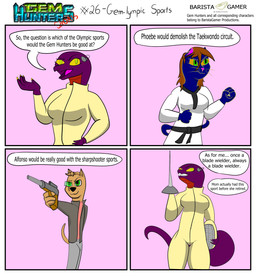 anthro clothing cochlear_implant_processor deaf dialogue female fencing fencing_dress fencing_mask group gun jacket karate karate_belt keikogi male martial_arts_uniform mask ranged_weapon sports_mask sportswear text topwear trio weapon baristagamerproductions ada_(gem_hunters) alfonso_(gem_hunters) phoebe_(gem_hunters) canid canine canis dingo felid feline mammal reptile scalie snake absurd_res comic english_text hi_res