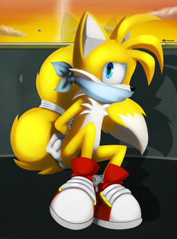 2_tails anthro bdsm bondage bound dipstick_tail gag looking_at_viewer male markings multi_tail multicolored_tail restraints rope rope_bondage solo sunset tail tail_markings tail_tied whistleristler sega sonic_the_hedgehog_(series) miles_prower canid canine fox mammal hi_res