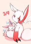 ambiguous_gender anthro blush claws duo fur markings multicolored_body multicolored_fur pink_body pink_fur red_body red_fur red_markings ribbons simple_background two_tone_body two_tone_fur white_body white_fur nobusuke nintendo pokemon pokemon-specific_day zangoose_day eeveelution generation_3_pokemon generation_6_pokemon mammal pokemon_(species) sylveon zangoose digital_media_(artwork) hi_res