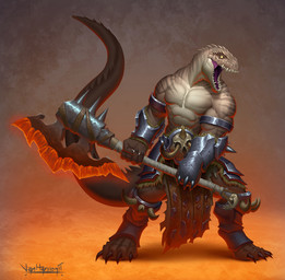anthro armor axe claws holding_axe holding_object male muscular muscular_male open_mouth sharp_teeth simple_background solo tail teeth vanharmontt dungeons_and_dragons hasbro wizards_of_the_coast reptile scalie 2023 digital_media_(artwork)
