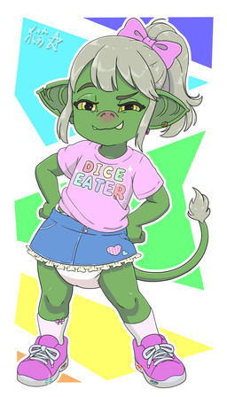 accessory bottomwear bow_ribbon clothed clothing denim denim_bottomwear denim_clothing denim_skirt diaper ear_piercing ear_ring female hair_accessory hair_bow hair_ribbon hands_on_hips kidcore looking_at_viewer novelty_clothing piercing ribbons ring_piercing skirt smug solo standing teeth wearing_diaper yellow_eyes stargal_galexi goblin humanoid 4:7 full-length_portrait hi_res portrait