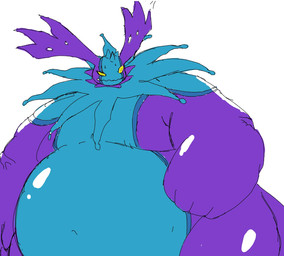 anthro belly big_belly horn long_ears male moobs morbidly_obese obese overweight purple_body simple_background solo white_background yellow_eyes kym3110 bandai_namco digimon cherubimon cherubimon_(evil) digimon_(species) hi_res