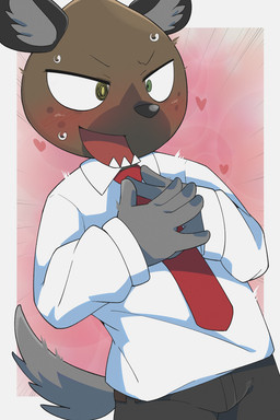 5_fingers anthro belt biped black_ears black_nose blush blush_lines bodily_fluids border bottomwear brown_belt brown_body brown_bottomwear brown_clothing brown_fur brown_pants clothed clothed_anthro clothed_male clothing collared_shirt fingers fur green_eyes grey_body grey_fur grey_inner_ear_fluff grey_tail heart_symbol heterochromia inner_ear_fluff long_sleeves male male_anthro markings motion_lines necktie open_mouth outside_border pants red_necktie shirt solo spots spotted_body spotted_fur sweat sweaty_face tail teeth topwear tuft white_border white_clothing white_shirt white_topwear yellow_eyes kemoizumi aggretsuko sanrio haida_(aggretsuko) hyena mammal spotted_hyena 2025 2:3 digital_media_(artwork) hi_res