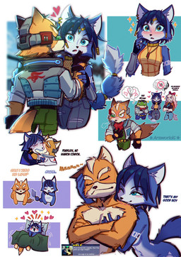5_fingers anthro anthro_on_anthro bed_sheet bedding black_nose blue_body blue_fur blue_hair blush bodily_fluids bottomwear breasts clothed clothed_anthro clothed_female clothed_male clothing female fingerless_gloves fingers fur gloves group hair handwear jacket kissing male male/female multicolored_body multicolored_fur nude nude_anthro nude_female nude_male orange_body orange_fur pants sweat tail text thought_bubble topwear two_tone_body two_tone_fur white_body white_fur arsworlds nintendo star_fox fay_(star_fox) fox_mccloud krystal_(star_fox) slippy_toad wolf_o'donnell amphibian bird_dog canid canine canis domestic_dog fox frog hunting_dog mammal spaniel toad_(frog) wolf english_text hi_res spanish_text