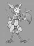 4_toes abs anthro armor bikini_armor biped claws clothing digitigrade dual_wielding ear_piercing ear_ring feet female fur hair holding_object holding_weapon midriff navel piercing ring_piercing simple_background solo standing toes unconvincing_armor warrior weapon ecmajor out-of-placers mammal yinglet 2019 digital_media_(artwork) full-length_portrait greyscale hi_res monochrome portrait traditional_media_(artwork)