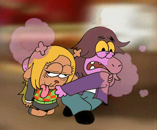 antlers blonde_hair brown_body clothed clothing duo female freckles hair horn purple_body red_nose tongue yellow_sclera iluvrabbitz deltarune nickelodeon spongebob_squarepants undertale_(series) noelle_holiday susie_(deltarune) deer mammal new_world_deer reindeer scalie