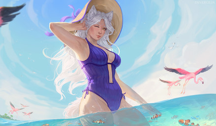 ambiguous_gender beak braided_hair breasts clothing cloud day feathers female female_focus feral flying grey_hair group hair hand_on_head hat headgear headwear humanoid_focus island looking_at_viewer one-piece_swimsuit one_eye_closed outside palm_tree partially_submerged pink_body pink_feathers plant smile swimwear tail tree water devergilia animal_humanoid aquatic avian bird canid canid_humanoid clownfish fish flamingo humanoid mammal mammal_humanoid pomacentrid 2025