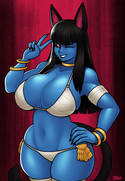 arm_wraps big_breasts bikini black_hair blue_body blue_skin bracelet breasts choker cleavage clothed clothing collarbone eyebrows eyelashes female gesture glistening glistening_body glistening_breasts glistening_skin hair hand_gesture hand_on_hip huge_breasts jewelry navel necklace one_eye_closed pupils red_eyes slit_pupils smile solo swimwear thick_thighs two-piece_swimsuit v_sign wide_hips wink wraps blazbaros animal_humanoid cat_humanoid felid felid_humanoid feline feline_humanoid humanoid mammal mammal_humanoid 2026 hi_res