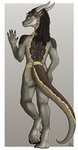 anthro biped black_body black_claws black_hair black_scales butt claws female grey_body grey_scales hair horn long_tail looking_at_viewer rear_view scales snout solo standing tail yellow_body yellow_eyes yellow_scales wisemans mythology akara_(wisemans) dragon mythological_creature mythological_scalie scalie 2020 full-length_portrait hi_res portrait signature