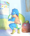 accident accidental_exposure anthro bag bedroom butt clothed clothing cub_scout diaper embarrassed kemono male potty_chart rear_view scarf shy solo turning_around wearing_diaper young young_anthro luce_bontemps lagomorph leporid mammal rabbit hi_res