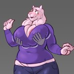 anthro belly big_breasts blush bottomwear breast_grab breast_squeeze breasts cleavage clothed clothing disembodied_hand fangs female hand_on_breast horn male male/female mature_female pants peeking_nipple red_eyes solo squeezing teeth tight_bottomwear tight_clothing tight_pants vaalgarth deltarune undertale undertale_(series) toriel bovid caprine goat mammal