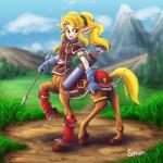 arrow_(weapon) blonde_hair blush bow_(weapon) breasts clothed clothing cloud female gloves grass green_eyes hair handwear hooves lips mountain outside plant ponytail quiver_(object) ranged_weapon smile solo weapon spram european_mythology greek_mythology mythology sega shining_(sega) shining_force may_(shining) centaur equid equid_taur humanoid_taur mammal mammal_taur taur 1:1