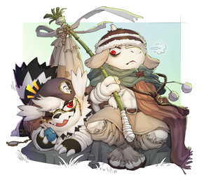 ambiguous_gender anthro bamboo bamboo_stick belt black_body black_fur black_nose bottomwear claws cloak clock clothed clothed_feral clothing duo eyewear feral finger_claws footwear fur glasses green_background hat headgear headwear kilt looking_at_another lying on_front one_eye_closed open_mouth pocketwatch red_eyes rock rope sandals shoes simple_background sitting toe_claws tongue watch white_background white_body white_claws white_fur ziran nintendo pokemon galarian_form galarian_zigzagoon generation_2_pokemon generation_8_pokemon pokemon_(species) regional_form_(pokemon) smeargle hi_res shaded