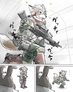 anthro clothing daww duo excited gun holding_gun holding_object holding_ranged_weapon holding_weapon humor katana kemono male melee_weapon open_mouth open_smile ranged_weapon rifle running smile sword tail text weapon nejinoki nintendo star_fox fox_mccloud peppy_hare canid canine fox hare lagomorph leporid mammal 2009 4:5 comic japanese_description japanese_text