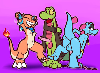3_toes anthro backsack balls big_balls big_penis black_eyes black_eyeshadow blue_balls blue_body blue_eyes blue_kerchief blue_perineum blue_scales breasts butt claws clothing digit_ring digitigrade erection eyeshadow feet female fire flaming_tail genitals glans green_body green_scales grey_clothing grey_jacket grey_topwear group humanoid_genitalia humanoid_penis jacket jewelry kerchief looking_at_viewer looking_away looking_back makeup male penis perineum pink_body pink_glans pink_penis pink_scales purple_eyes red_balls red_body red_scales ring scales small_breasts smile smirk striptease tail teasing toe_claws toe_ring toes topwear trio undressing vulva white_claws yellow_body yellow_scales yellow_sclera ultilix nintendo pokemon azure_(obscoore) eirika_(obscoore) viridian_(obscoore) charmander generation_1_pokemon generation_2_pokemon generation_3_pokemon pokemon_(species) totodile treecko 2026