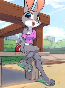 3_toes anthro blue_sky bottomwear breasts buckteeth claws cleavage clothed clothing countershade_face countershade_feet countershade_hands countershade_neck countershade_tail countershading cropped_t-shirt dolphin_shorts exposure_variation feet female flip_flops footwear fur green_clothing green_footwear green_sandals grey_body grey_fur midriff multicolored_body multicolored_fur navel open_mouth open_smile outside pink_clothing pink_inner_ear pink_shirt pink_t-shirt pink_topwear purple_eyes sandals scut_tail shirt shoes short_tail shorts sitting sky smile solo t-shirt tail teeth toe_claws toes topwear two_tone_body two_tone_fur white_body white_countershading white_fur siroc disney zootopia judy_hopps lagomorph leporid mammal rabbit 2023 digital_media_(artwork) hi_res