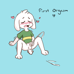 anthro blush bodily_fluids cum ejaculation first_orgasm fur genital_fluids genitals male masturbation open_mouth orgasm penis simple_background solo tail text white_body white_fur young anonymous_artist undertale undertale_(series) asriel_dreemurr bovid bovine mammal hi_res