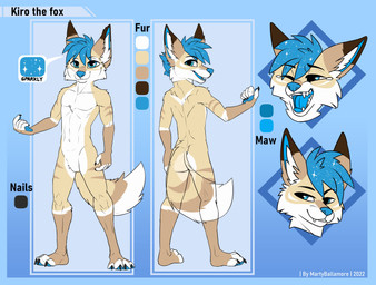 anthro blue_eyes blue_hair blue_nose brown_body brown_fur cheek_tuft closed_smile facial_tuft fangs featureless_crotch feet front_view fur glistening glistening_eyes gloves_(marking) hair inner_ear_fluff leg_markings male markings mouth_closed one_eye_closed open_mouth open_smile rear_view short_hair simple_background smile socks_(marking) solo standing tan_body tan_fur teeth text tuft white_body white_fur white_inner_ear_fluff yawn martinballamore kiro_the_fox canid canine fox mammal 2022 absurd_res artist_name dated digital_media_(artwork) hi_res model_sheet