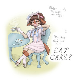 accessory adolescent anthro bow_ribbon chair clothed clothing container cup dial dress duo female fingers food fur furniture gloves hair hair_accessory hair_bow hair_ribbon handwear hat headgear headwear holding_container holding_cup holding_object male ribbons sitting table tail text young young_anthro young_female meowmere bovid bovine cattle mammal absurd_res english_text hi_res