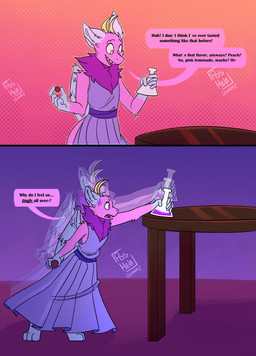 anthro blue_body blue_ears blue_paws blue_wings blush blush_lines candy chocolate clothed clothed_anthro clothed_female clothing comic_panel confusion dessert dewlap_(anatomy) dialogue female fluffy fluffy_ears food fur furniture horn inside magic multicolored_body multicolored_fur pink_body pink_fur potion potion_bottle purple_body purple_fur shrinking shrinking_out_of_clothes shrunk size_transformation solo speech_bubble table tail text transformation two_tone_body wings posmehdakota mythology petal_(dapperhedgehog) dragon fairy_dragon furred_dragon furred_scalie lizard mythological_creature mythological_scalie reptile scalie winged_dragon absurd_res comic digital_media_(artwork) english_text hi_res