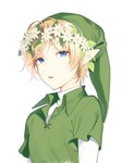 blonde_eyebrows blonde_hair blue_eyes clothed clothed_humanoid clothed_male clothing ear_piercing ear_ring eyebrows flower flower_crown flower_garland green_clothing green_hat green_headwear green_shirt green_topwear hair hat headgear headwear humanoid_pointy_ears light_body light_skin looking_at_viewer male male_humanoid not_furry open_mouth phrygian_cap piercing plant pointy_ears ring_piercing shirt short_hair simple_background solo teeth topwear undershirt upper_body white_background white_clothing white_flower white_shirt white_topwear broccoholic nintendo the_legend_of_zelda link humanoid hylian half-length_portrait portrait