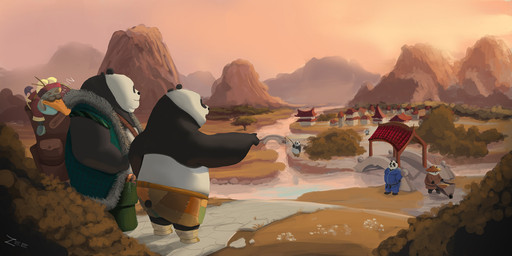 anthro black_body black_fur bottomwear butt clothing detailed_background fur group outside overweight shorts white_body white_fur ceoran dreamworks kung_fu_panda li_shan_(kung_fu_panda) master_po_ping bear giant_panda mammal 2015 2:1 hi_res