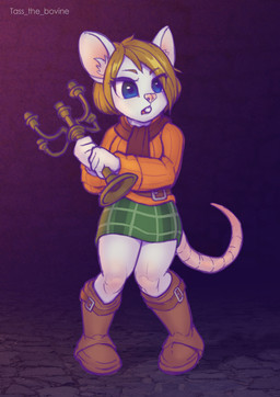 alternate_species anthro blonde_hair blue_eyes bottomwear breasts candlestick clothed clothing female female_anthro fur furrification hair orange_clothing orange_sweater orange_topwear skirt solo sweater tail topwear white_body white_fur tass_the_bovine capcom resident_evil ashley_graham moushley house_mouse mammal mouse murid murine rodent absurd_res hi_res