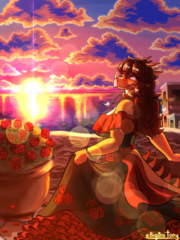 anthro big_breasts biped black_clothing black_dress bracelet breasts brown_hair building clothed clothed_anthro clothed_female clothing cloud cross day detailed_background digit_ring dress facial_horn female fingers floral_print flower hair happy head_turned horn house humanoid_hands jewelry lens_flare long_hair long_tail looking_at_viewer looking_back necklace non-mammal_breasts orange_body outside pink_eyes plant plant_pot ring ring_(jewelry) rose_(flower) sky smile solo spiked_tail spikes spikes_(anatomy) sun sunset tail tan_body text wall_(structure) wedding_ring bigboitony goodbye_volcano_high ko_op_(game_developer) rosa_(gvh) aquilops ceratopsian dinosaur marginocephalian ornithischian prehistoric_species reptile scalie absurd_res artist_name colored hi_res shaded