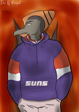 anthro black_body bottomwear brown_body brown_hair clothed clothed_anthro clothed_male clothing frill_(anatomy) front_view frown hair hand_in_pocket head_turned hoodie looking_aside male markings orange_body orange_eyes pants pockets pose red_background short_hair simple_background solo striped_markings stripes text topwear wings disc_of_kompact goodbye_volcano_high ko_op_(game_developer) phoenix_suns naser_(gvh) prehistoric_species pterosaur reptile scalie absurd_res artist_name colored half-length_portrait hi_res portrait shaded