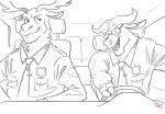 anthro car clothed clothing duo eyewear fur horn inside_car male necktie police police_uniform sitting smile steering_wheel sunglasses teeth uniform vehicle boreoboros disney zootopia chief_bogo fan_character maurice_fournier bovid bovine cape_buffalo deer mammal moose new_world_deer hi_res monochrome