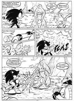 anthro arm_expansion chaos_emerald cloud dialogue explosion flower gem plant speech_bubble text thought_bubble transformation_through_magic ayamepso sega sonic_adventure sonic_the_hedgehog_(series) chaos_(sonic) dr._eggman miles_prower sonic_the_hedgehog canid canine elemental_creature elemental_humanoid eulipotyphlan fox hedgehog human humanoid mammal black_and_white comic digital_drawing_(artwork) digital_media_(artwork) english_text hatching_(art) line_art monochrome shaded