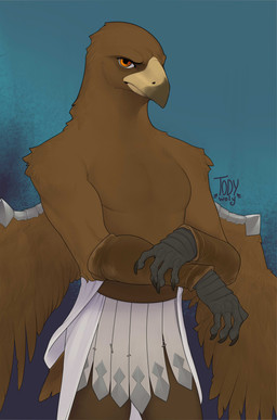 5_fingers anthro beak biped brown_body brown_eyes brown_feathers brown_wings clothed clothed_anthro clothed_male clothing feathers fingers front_view looking_at_viewer male scuted_arms scutes simple_background solo standing wings togaed elden_ring elden_ring_nightreign fromsoftware guardian_(nightreign) accipitrid accipitriform avian bird eagle 2025 absurd_res digital_media_(artwork) hi_res