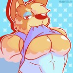 anthro big_pecs blue_body blue_fur clothed clothing clothing_lift fangs fur looking_at_viewer male muscular muscular_anthro muscular_male orange_body orange_fur pecs presenting presenting_pecs shirt shirt_in_mouth shirt_lift shirt_pulled_up solo teeth topwear fizzyjay bluey_(series) radley_heeler australian_cattle_dog canid canine canis cattledog domestic_dog herding_dog mammal pastoral_dog 1:1 hi_res