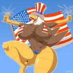 5_fingers american_flag american_flag_bikini anthro avian_feet beak big_breasts bikini black_claws blue_background blue_eyes breasts brown_body brown_feathers claws clothed clothing curvy_figure feathers female finger_claws fingers flag flag_(object) flag_bikini flag_clothing flag_print flag_swimwear flagpole hat headgear headwear holding_object holidays huge_breasts huge_thighs looking_at_viewer midriff multicolored_body multicolored_feathers narrowed_eyes navel non-mammal_breasts non-mammal_navel open_beak open_mouth open_smile pose print_bikini print_clothing print_swimwear scuted_arms scutes simple_background skimpy smile smiling_at_viewer solo sparklers swimwear thick_thighs tongue tongue_out top_hat two-piece_swimsuit united_states_of_america voluptuous white_body white_feathers wide_hips yellow_beak conditional_dnp zp92 4th_of_july american_eagle accipitrid accipitriform avian bald_eagle bird eagle sea_eagle 1:1 2019 hi_res pinup portrait signature three-quarter_portrait