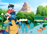 amusement_park anthro baltnwolf_(artist) blue_body blue_fur canid canine canis carrying_another clean_diaper clothed clothing colby_(husky) diaper disney disney_parks disneyland domestic_dog exposed_diaper fur gesture grey_body hand_gesture husky male mammal mickey_mouse_ears nordic_sled_dog open_mouth outside piggyback pointing smile spitz standing wearing_diaper wolf young young_anthro yukon