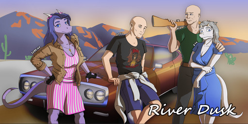 accessory anthro bald biped blue_clothing blue_dress blue_eyes bottomwear breasts brown_clothing brown_eyes brown_jacket brown_topwear cactus car clothed clothed_anthro clothed_female clothed_human clothed_male clothing cross detailed_background dress facial_horn female fingerless_gloves fingers front_view frown furgonomics gloves green_clothing green_shirt green_topwear grey_bottomwear grey_clothing grey_eyes grey_hair grey_pants group gun hair handwear holding_gun holding_object holding_ranged_weapon holding_weapon horn horn_accessory horn_ribbon humanoid_hands jacket jacket_around_waist jewelry long_hair looking_aside looking_at_viewer male male/female mountain necklace neutral_expression non-mammal_breasts open_clothing open_jacket open_topwear outside pants pattern_clothing pattern_dress plant purple_body purple_bottomwear purple_clothing purple_hair purple_shorts ranged_weapon ribbons sad shadow shirt shorts shy side_hug striped_clothing striped_dress stripes sunset tail text topwear vehicle weapon sebek_fereh_ra dio_(band) fan_character abelisaurid carnotaurus ceratosaurid ceratosaurus dinosaur human mammal prehistoric_species reptile saurischian scalie theropod character_name colored english_text hi_res shaded