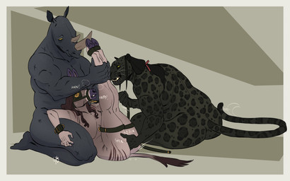 anthro balding bdsm bdsm_outfit black_body black_fur blinders bridle cuff_(restraint) eyewear fingering fur group hair held_by_legs hooves horn long_hair male male/male mature_male melanistic mottled mottled_body mottled_fur muscular muscular_anthro muscular_male nude_anthro nude_male obese obese_anthro obese_male overweight overweight_anthro overweight_male petplay ponyplay restrained_legs restraints roleplay size_difference thick_thighs trio twistedteeth lowell_lousely asinus donkey equid equine felid jaguar mammal pantherine rhinoceros 16:10 hi_res widescreen intersex_(lore) trans_(lore) trans_man_(lore)