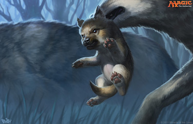 ambiguous_gender brown_body brown_fur clenched_teeth feral fur grass group holding_character outside pawpads plant tail teeth tree young brian_valeza hasbro magic:_the_gathering wizards_of_the_coast canid canine canis mammal wolf official_art