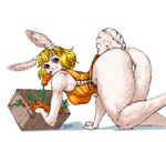 all_fours anthro big_butt blonde_hair breasts butt carrot clothed clothing female fluffy food fur hair looking_at_viewer plant simple_background smile solo tail topwear underwear vegetable white_background white_body white_fur onni's one_piece carrot_(one_piece) lagomorph leporid mammal minkmen_(one_piece) rabbit digital_media_(artwork) hi_res