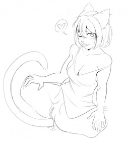 amputee anthro blush bodily_fluids clothed clothing disability female genital_fluids genitals heart_eyes heart_symbol one_eye_closed shirt solo tongue tongue_out topwear vaginal_fluids vulva wink bowbowbowie domestic_cat felid feline felis mammal hi_res monochrome sketch