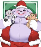 anthro belly big_belly blush bottomwear christmas_clothing christmas_headwear clothing costume eyes_closed hat headgear headwear holidays kemono male overweight overweight_male pants plushie santa_costume santa_hat simple_background solo kusosensei christmas inigo_(kusosensei) tokki lagomorph leporid mammal rabbit 2023 hi_res