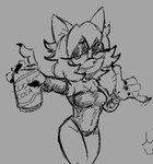 anthro armwear black_nails breasts canned_drink cleavage clothed clothing colored_nails eyelashes female gesture grey_background hair leotard looking_at_viewer nails navel_outline sharp_nails short_hair simple_background smile solo thick_thighs wide_hips scared_bum sega sonic_the_hedgehog_(series) fan_character mint_(unprocessedbun) monochrome